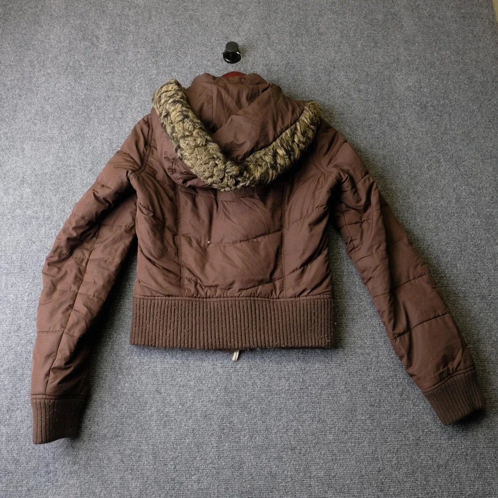Y2K Hollister Jacket Womens Large Brown Puffer Faux Fur Hood Down Cropped Winter